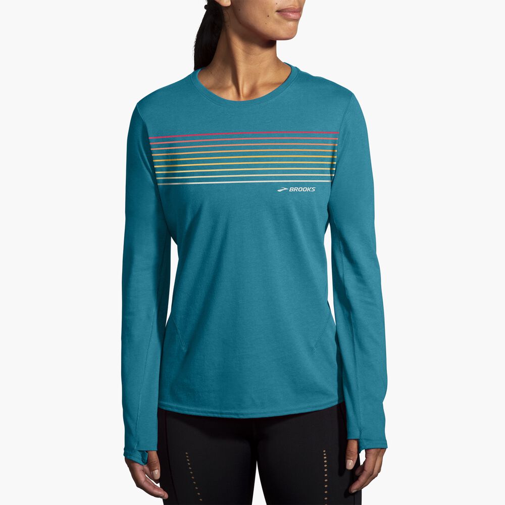 Brooks Distance Long Sleeve 2.0 - Htr Lagoon/Farbverlaufsstreifen