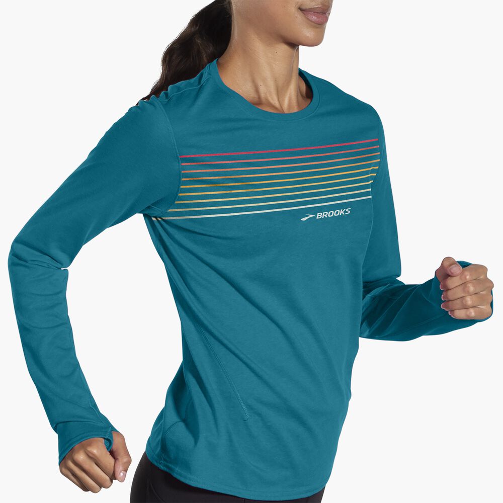 Brooks Distance Long Sleeve 2.0 - Htr Lagoon/Farbverlaufsstreifen